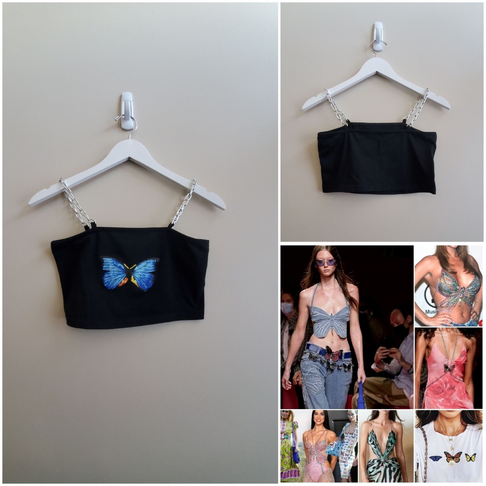Romwe crop top with chain strap, butterfly print, trendy, XS